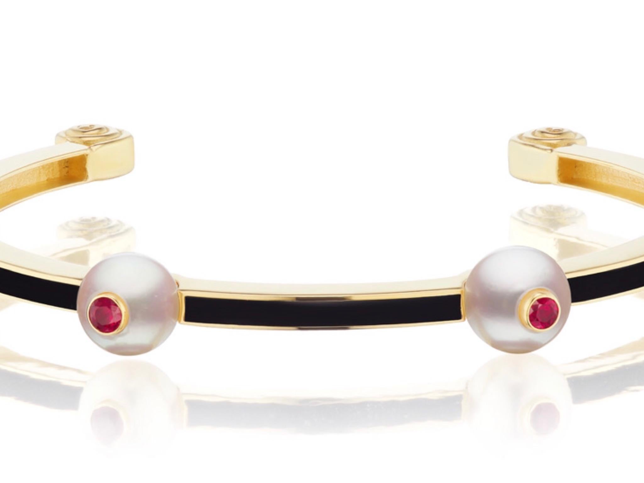 Contemporary Pearl, Ruby and Black Enamel 18 Karat Yellow Gold Bangle by Andrew Glassford