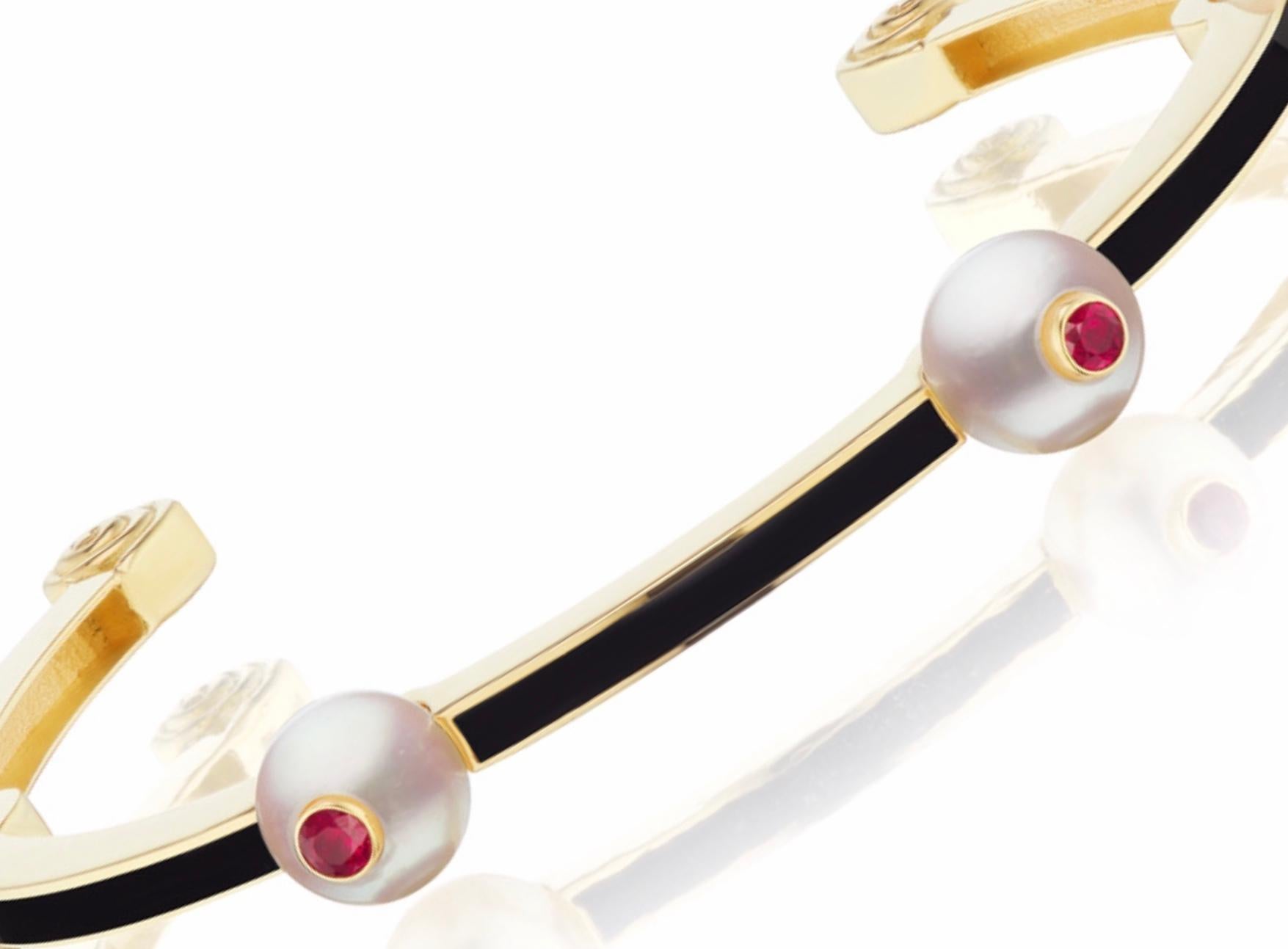 Round Cut Pearl, Ruby and Black Enamel 18 Karat Yellow Gold Bangle by Andrew Glassford