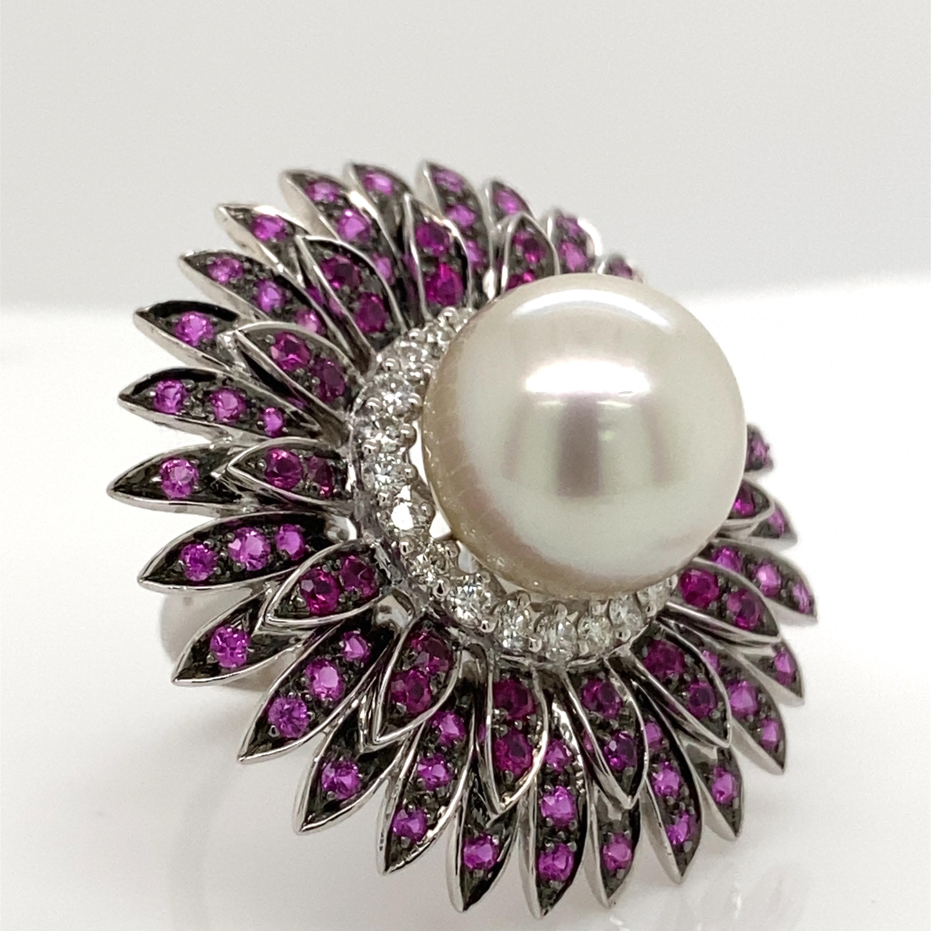 Contemporary Pearl, Ruby, and Diamond Floral Ring 18 Karat White Gold