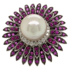 Pearl, Ruby, and Diamond Floral Ring 18 Karat White Gold