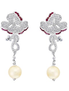 Pearl Ruby and Diamond Necklace and Earrings 18 Karat White Gold, Suite, Estate