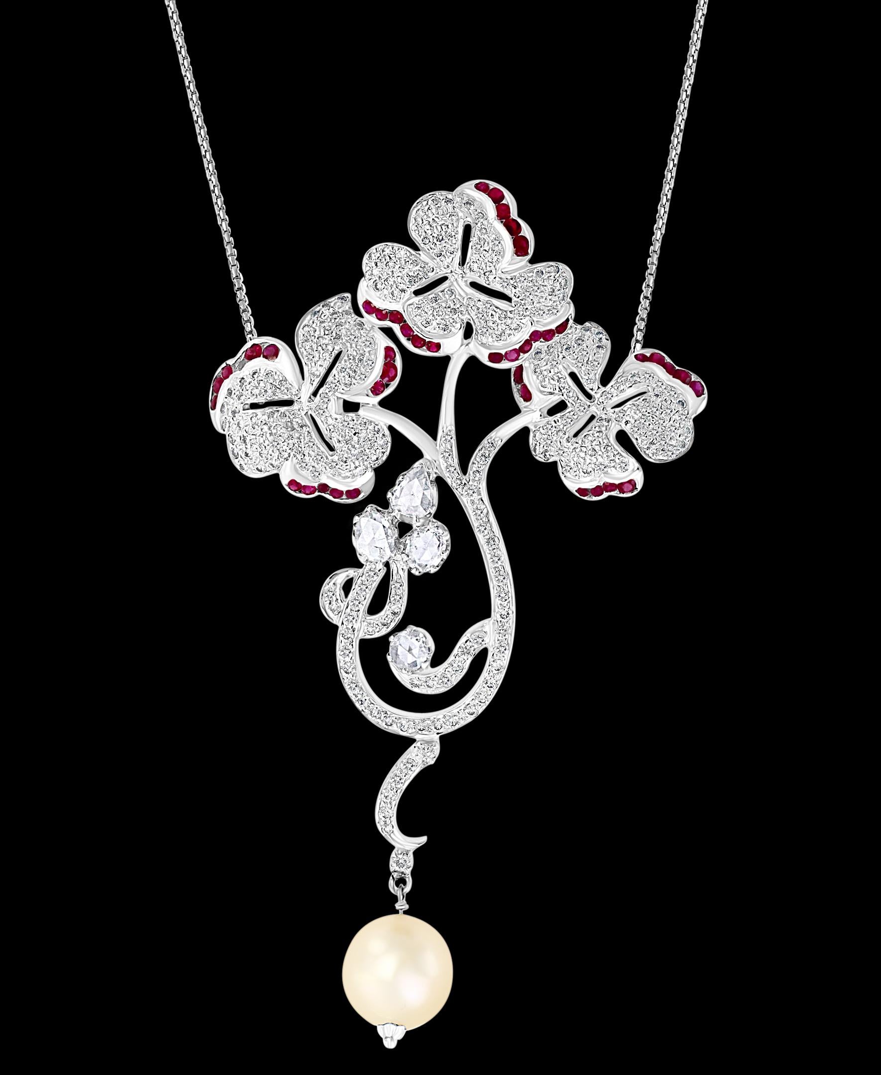 Suite collier et boucles d'oreilles en or blanc 18 carats, perles, rubis et diamants, parure de succession Pour femmes en vente