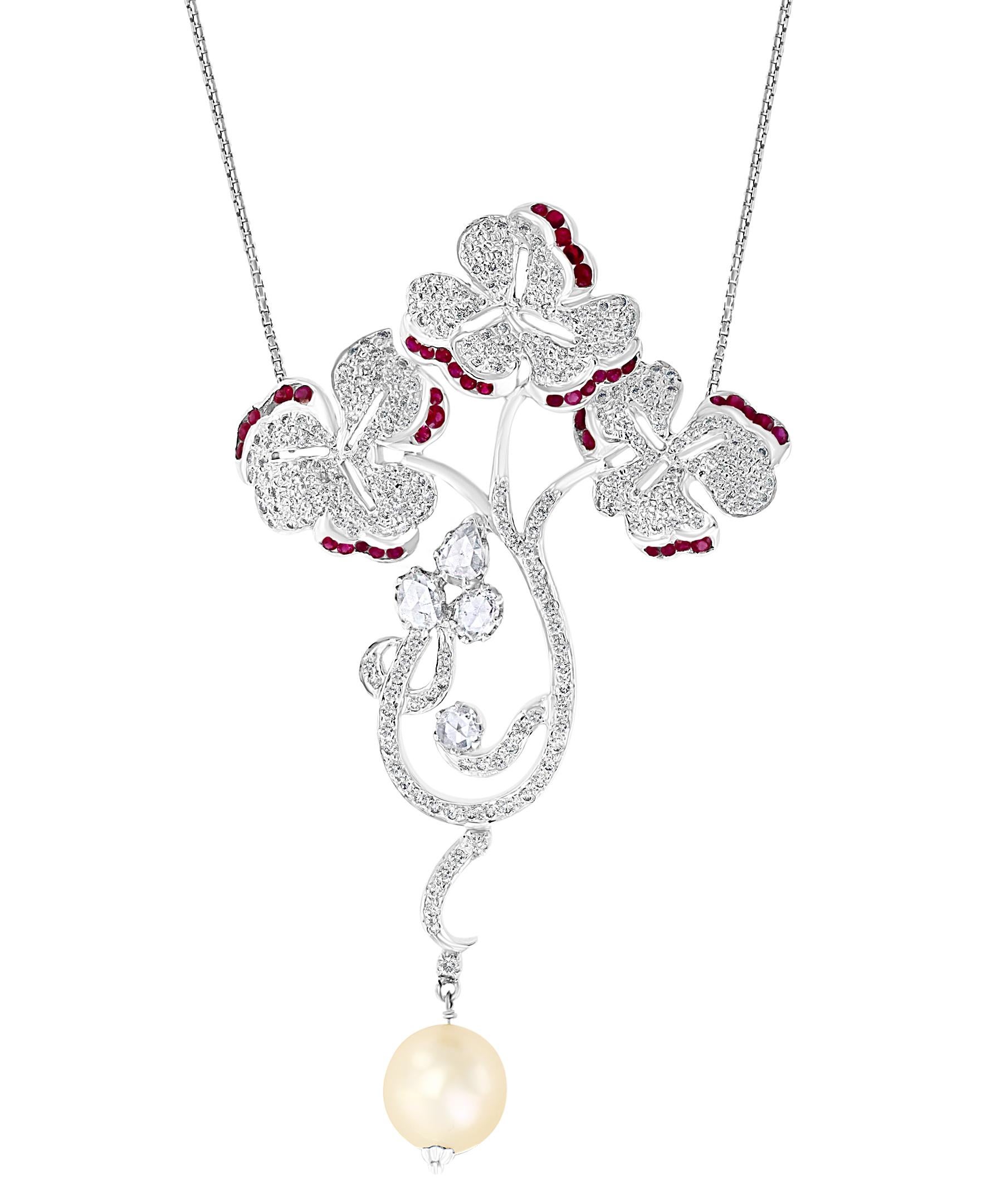 Suite collier et boucles d'oreilles en or blanc 18 carats, perles, rubis et diamants, parure de succession en vente 2