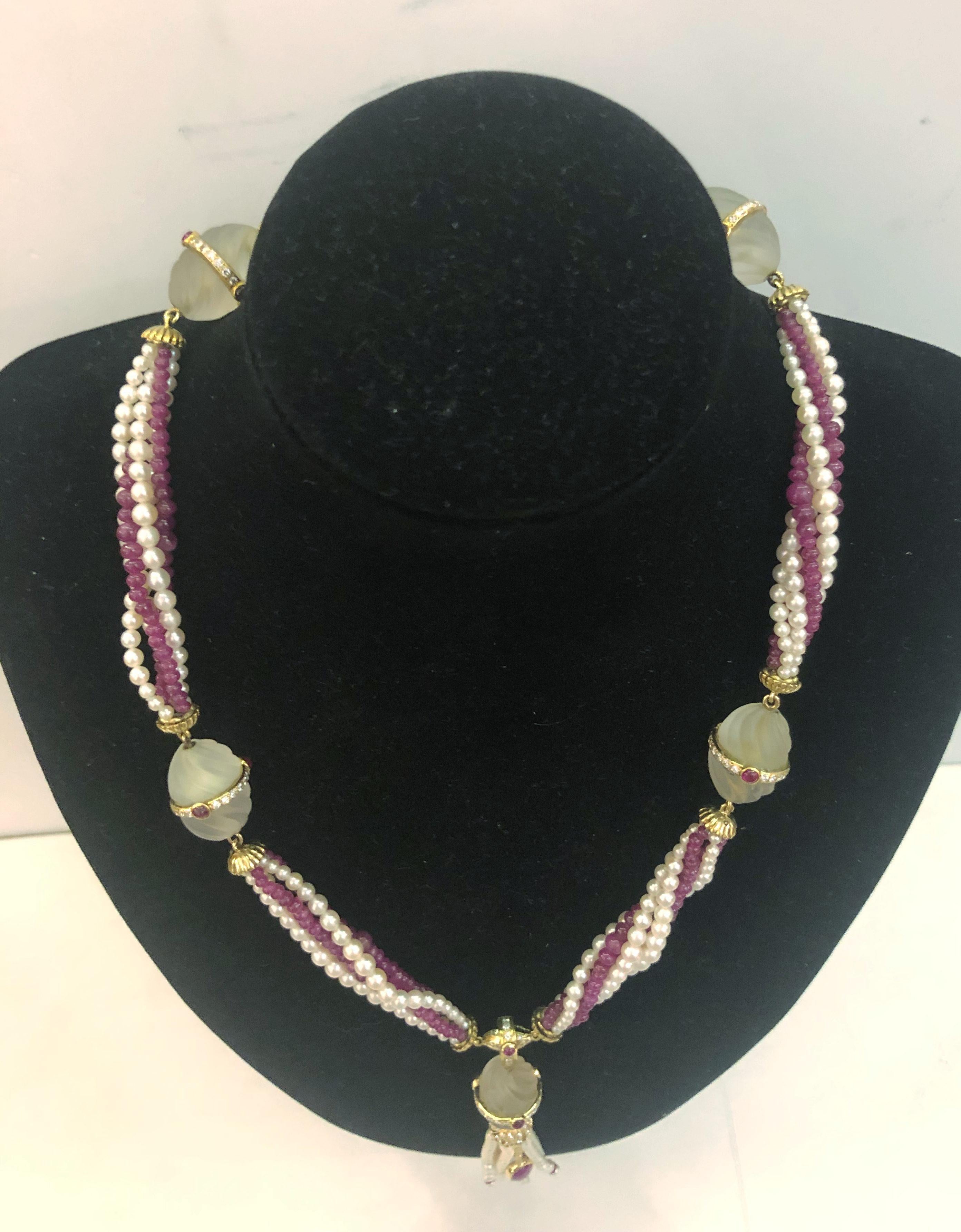 Pearl Ruby and Diamond Necklace For Sale 3