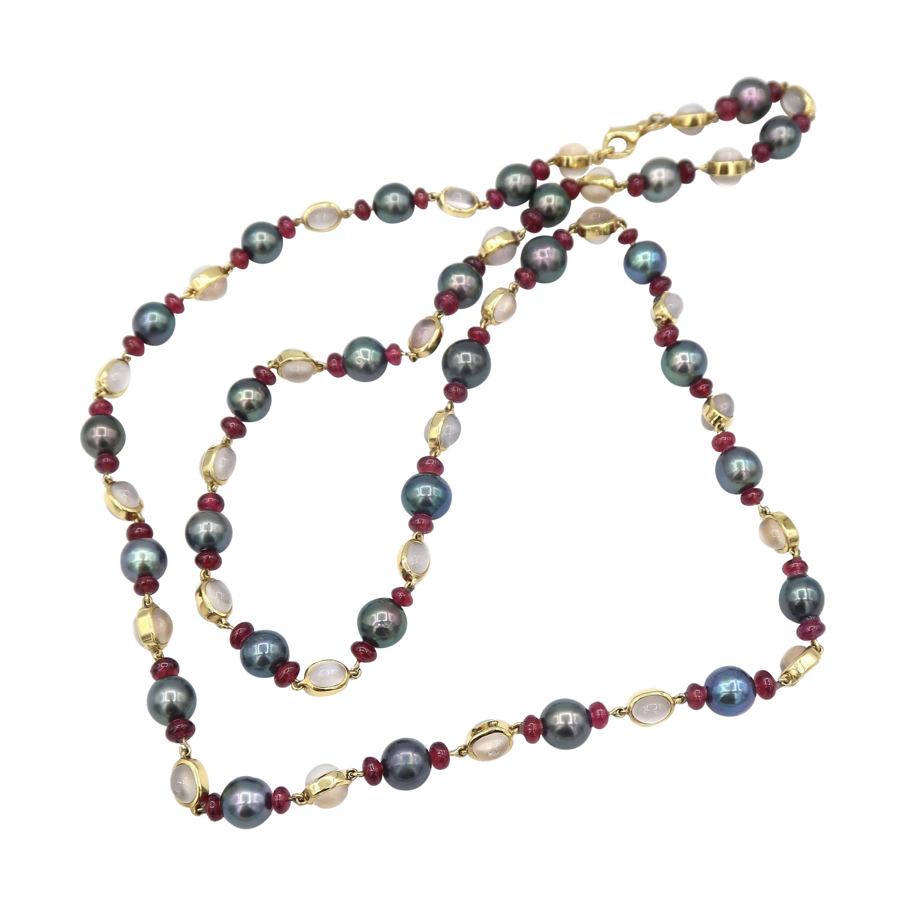 Pearl Ruby and Moonstone Cabochon Gold Long Strand Necklace For Sale