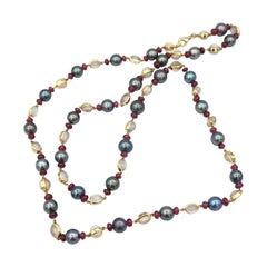 Pearl Ruby and Moonstone Cabochon Gold Long Strand Necklace