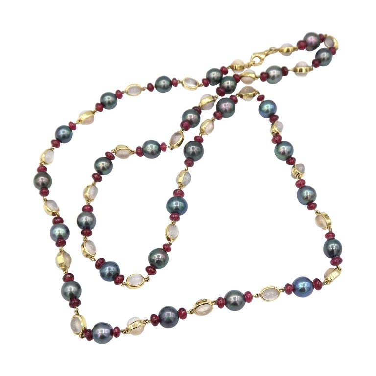 Pearl Ruby and Moonstone Cabochon Gold Long Strand Necklace For Sale at