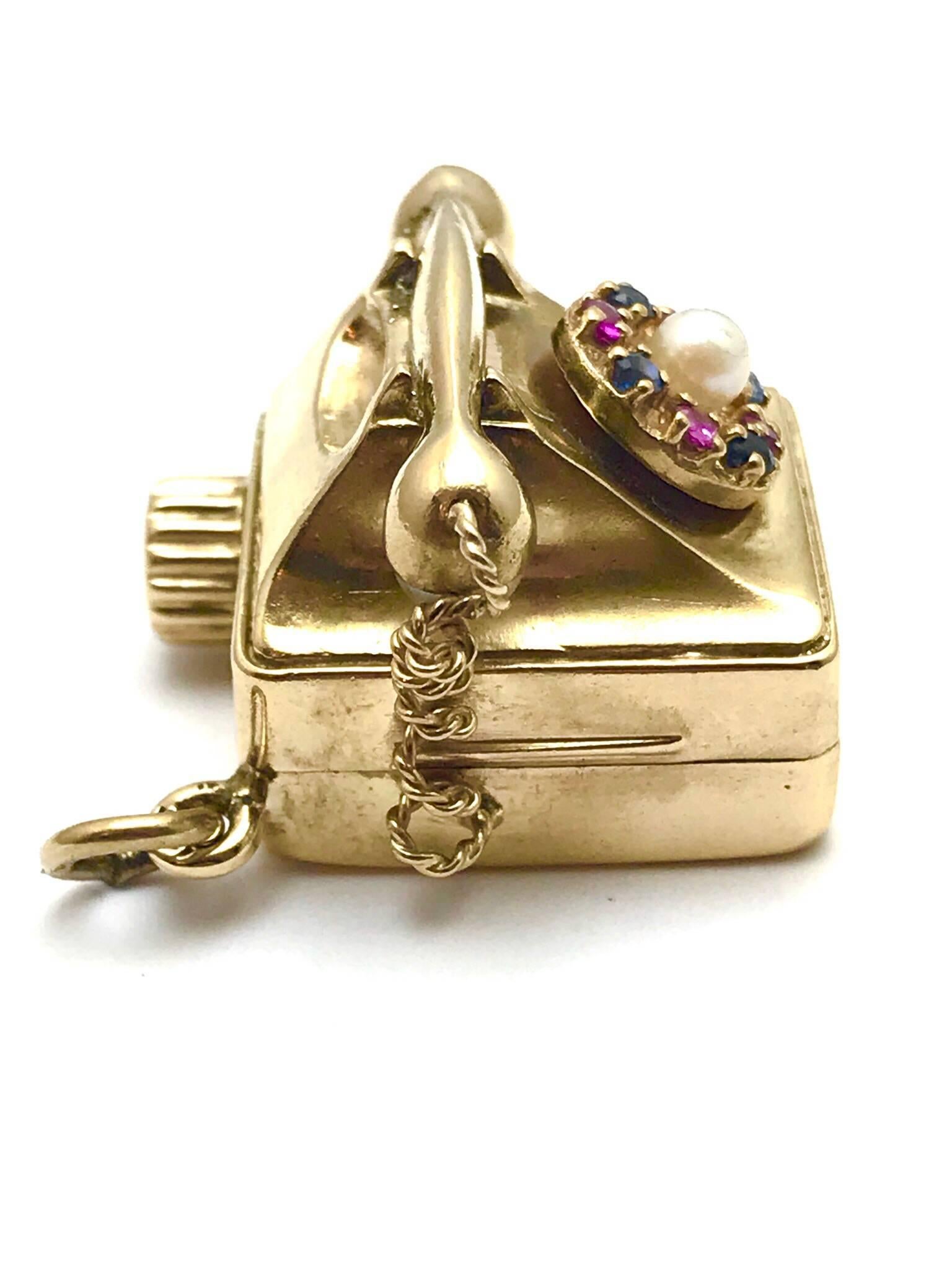 Retro Pearl Ruby and Sapphire Yellow Gold Musical Rotary Phone Charm