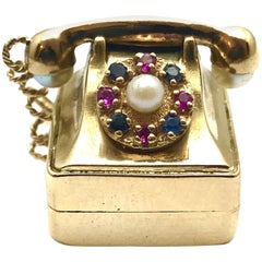 Pearl Ruby and Sapphire Yellow Gold Musical Rotary Phone Charm