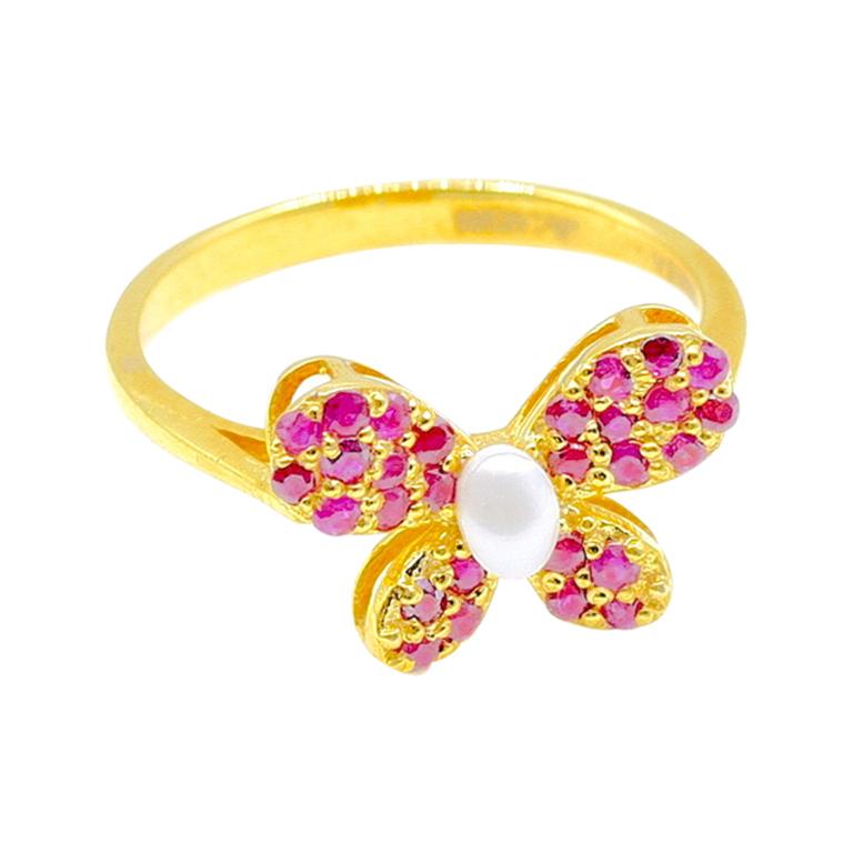 Pearl Ruby Butterfly Ring in 14 Karat Yellow Gold For Sale