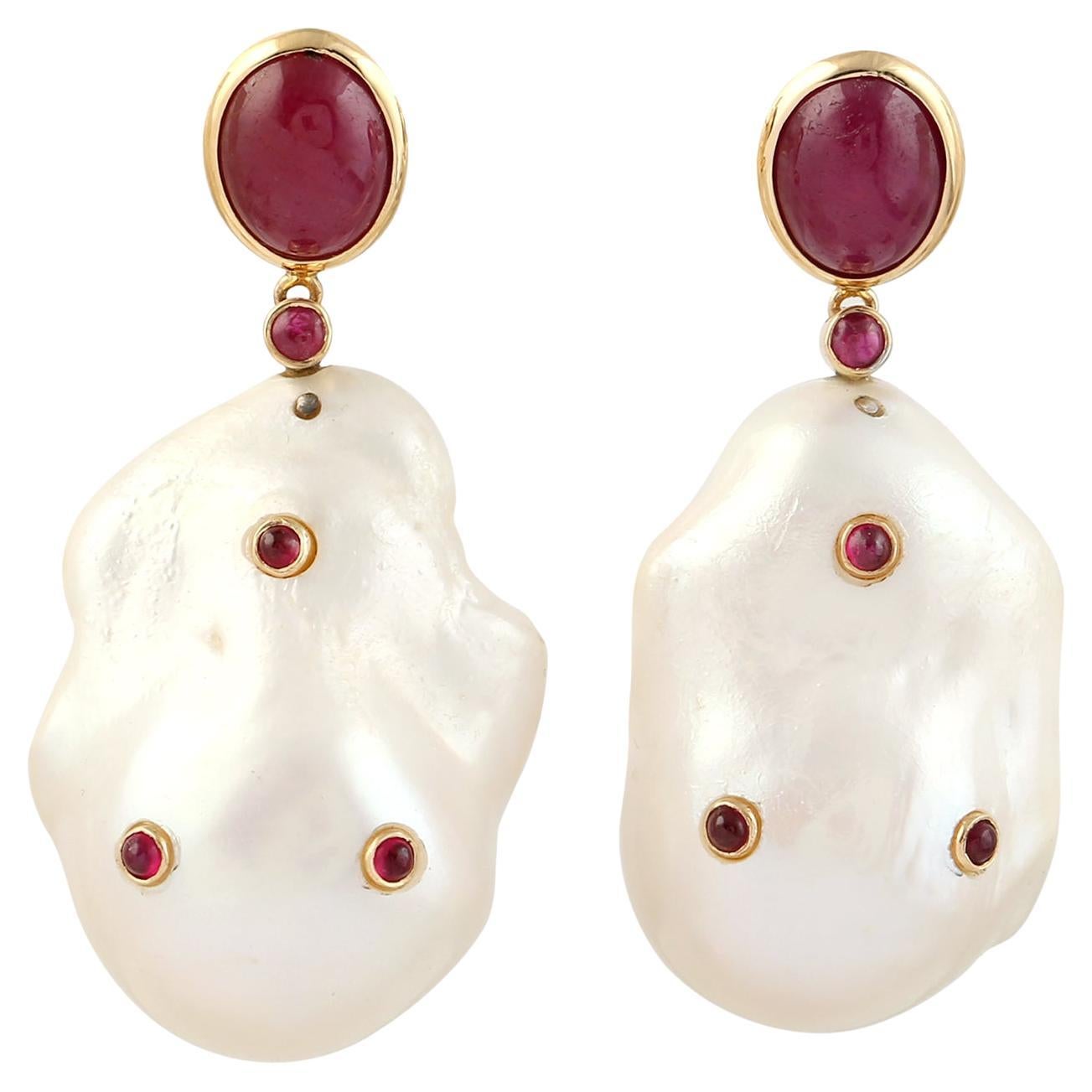 Baroque pearl embellished with Ruby Dangle Earring Made in 18k Gold For Sale