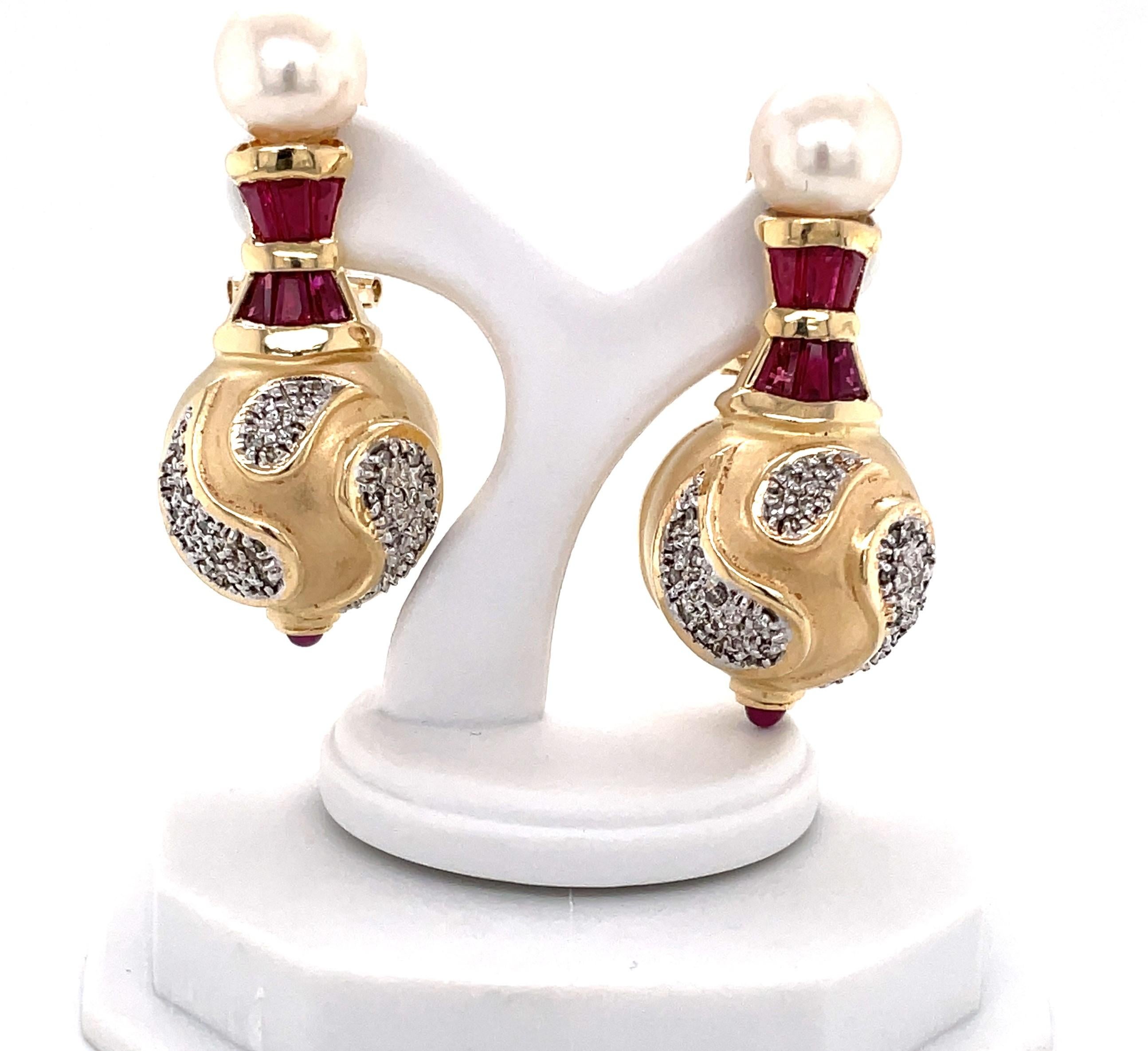 Mixed Cut Pearl, Ruby Diamond 14 Karat Yellow Gold Drop Renaissance Style Earrings For Sale