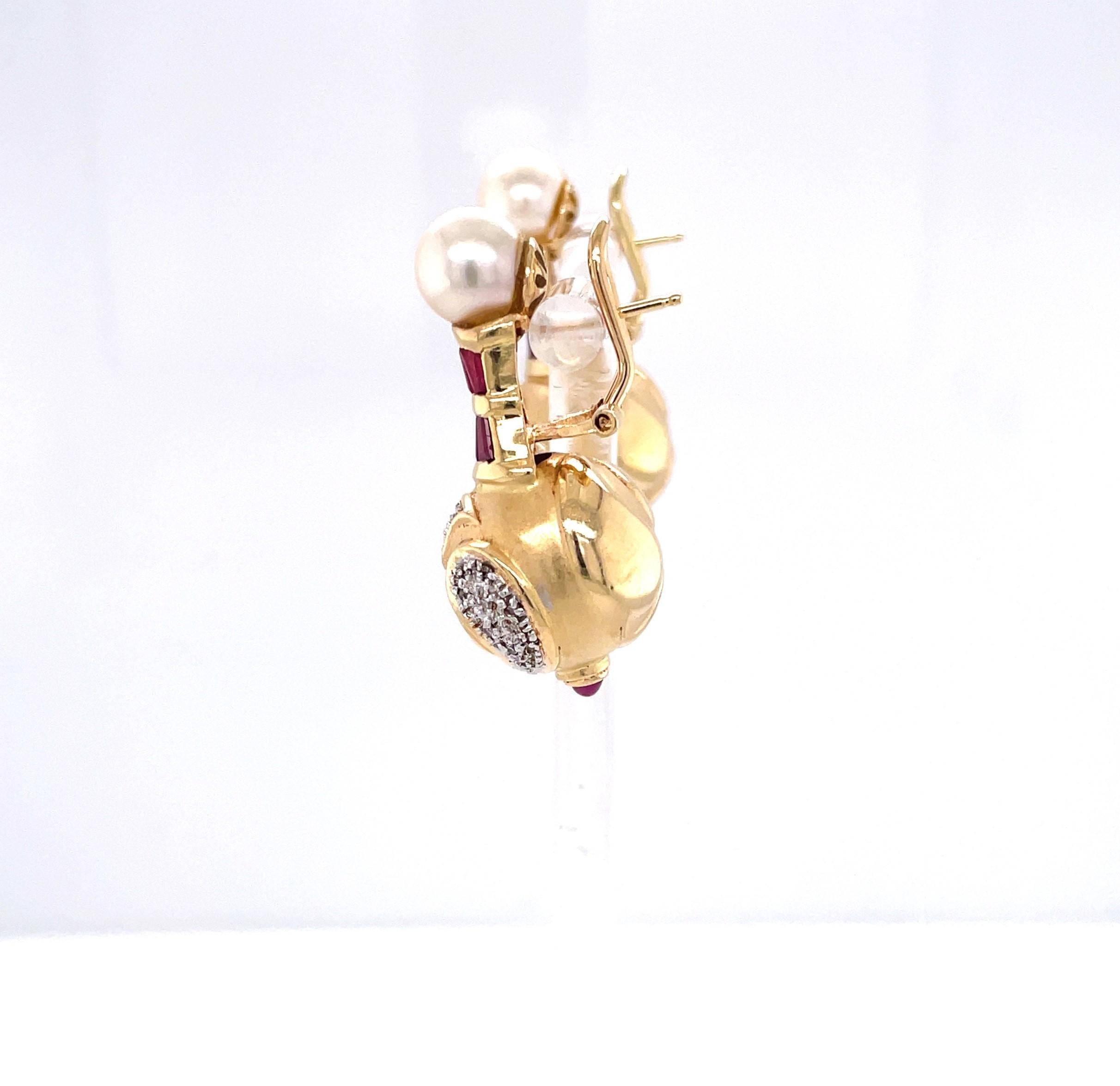 Women's Pearl, Ruby Diamond 14 Karat Yellow Gold Drop Renaissance Style Earrings For Sale