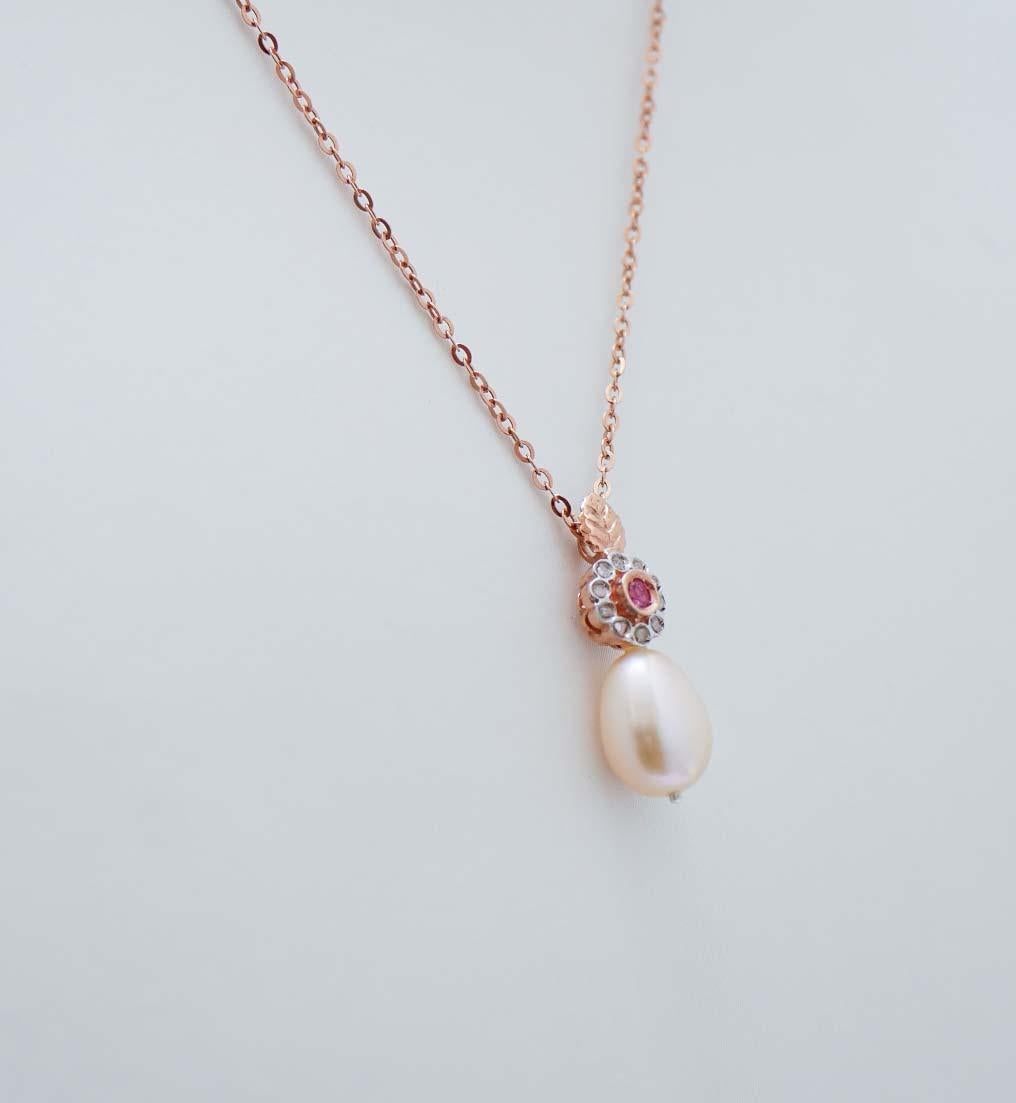 Retro Pearl, Ruby, Diamonds, Rose Gold and Silver Pendant Necklace. For Sale