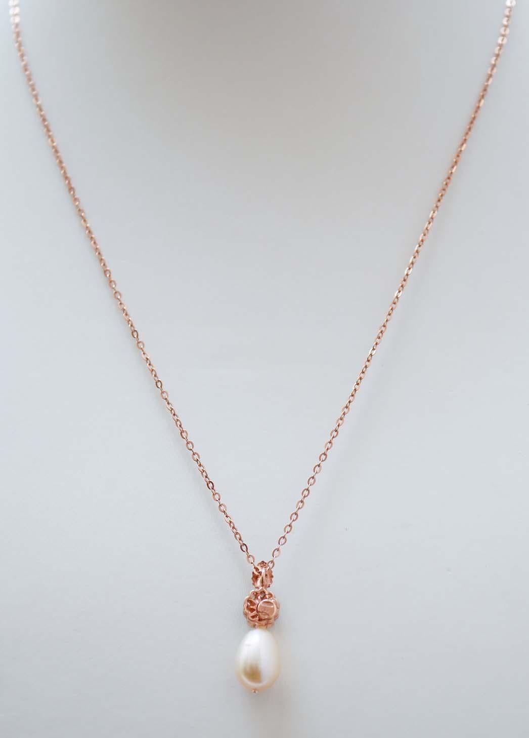 Mixed Cut Pearl, Ruby, Diamonds, Rose Gold and Silver Pendant Necklace. For Sale