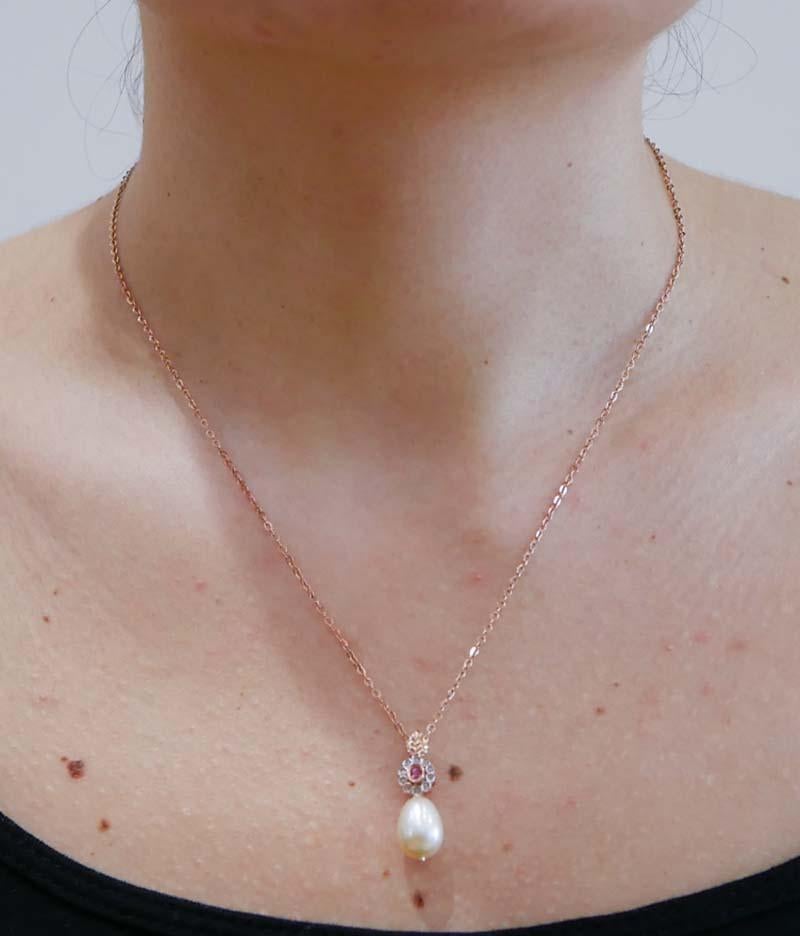 Women's Pearl, Ruby, Diamonds, Rose Gold and Silver Pendant Necklace. For Sale