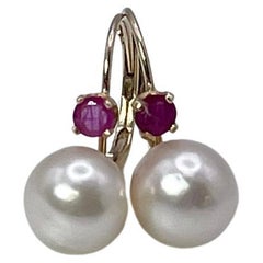 Antique Pearl & Ruby Earrings Lever Backs 14kt Yellow Gold Natural Ruby Untreated