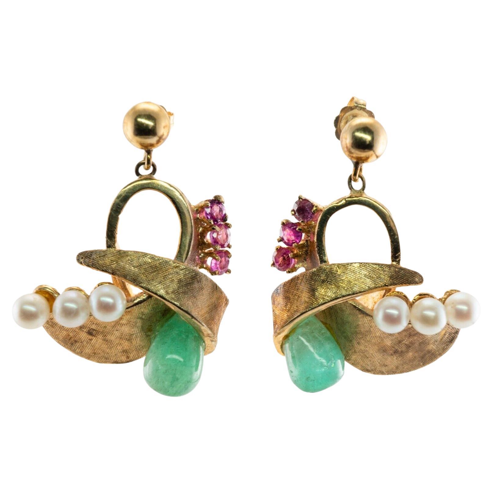 Ruby Diamonds Earrings 14K Gold Retro Vintage For Sale at 1stDibs