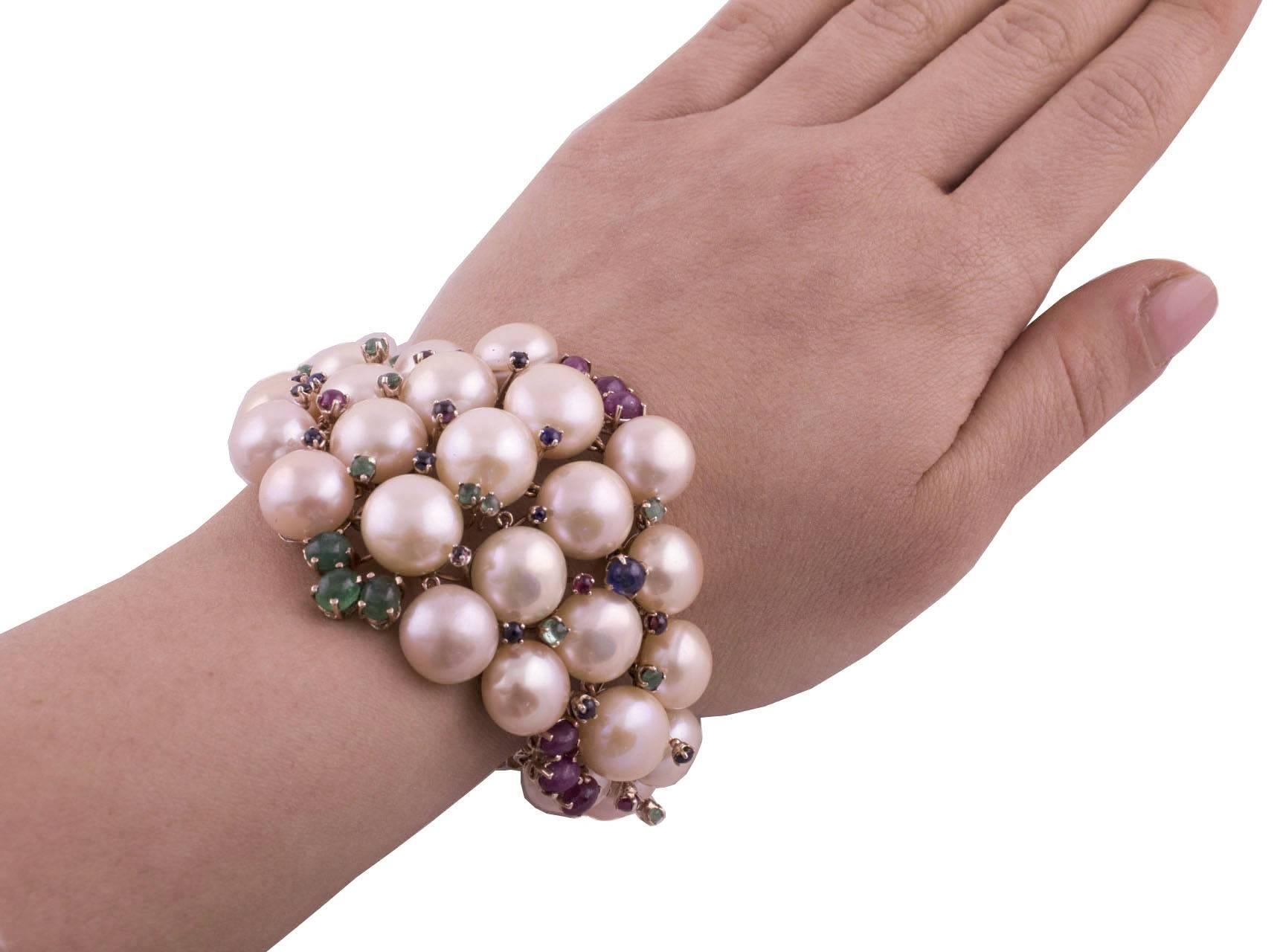 Pearl Ruby Emerald Sapphire Diamond Rose Gold and Silver Bracelet For Sale 4