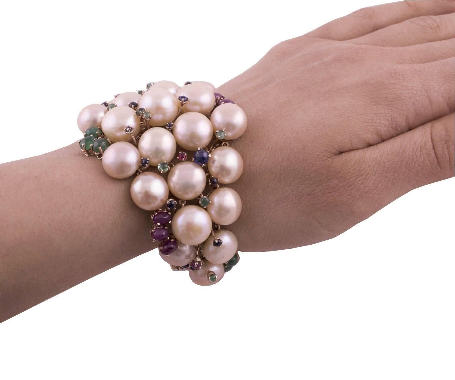 Pearl Ruby Emerald Sapphire Diamond Rose Gold and Silver Bracelet For Sale 5
