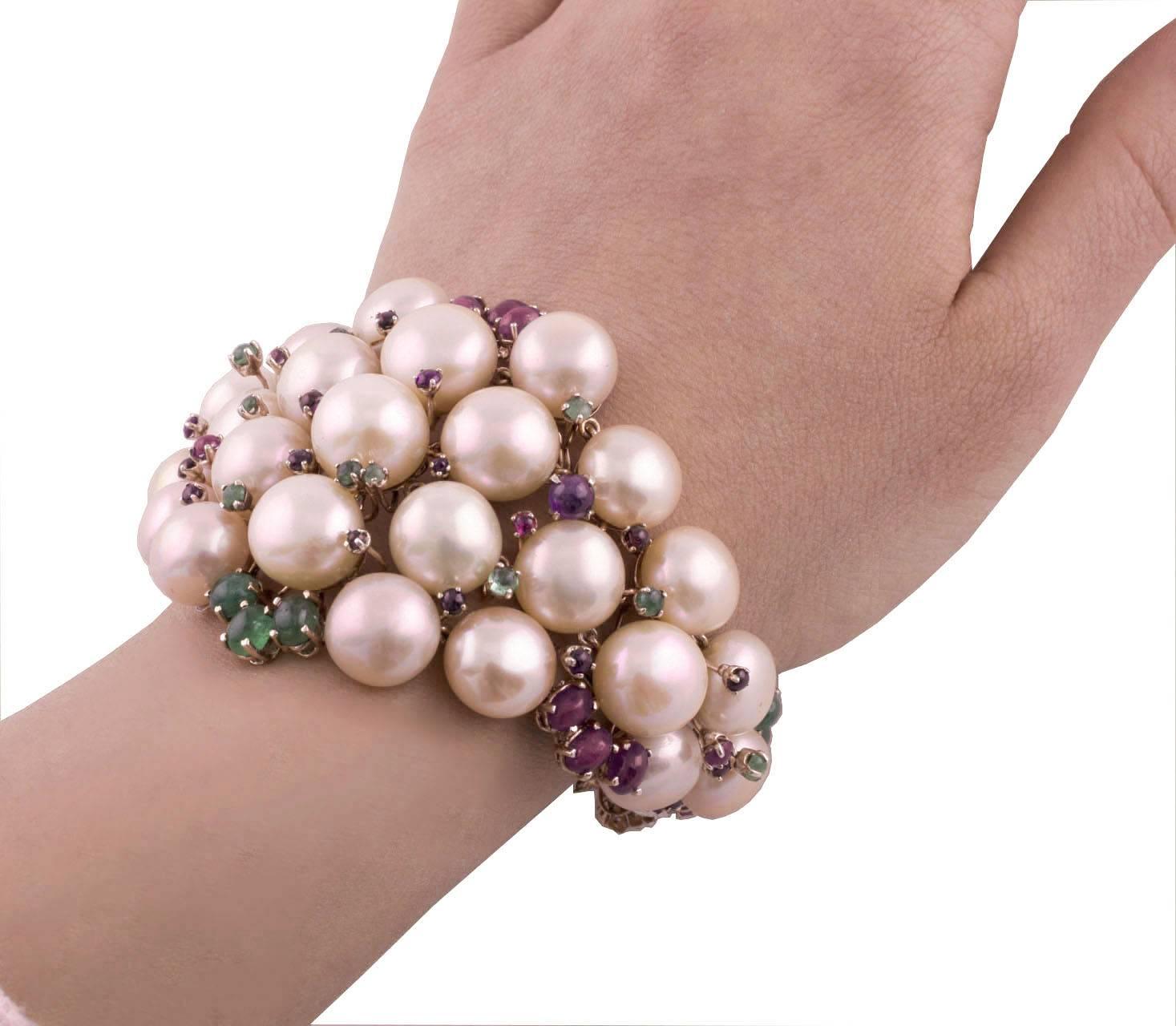Pearl Ruby Emerald Sapphire Diamond Rose Gold and Silver Bracelet For Sale 6