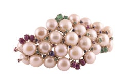 Pearl Ruby Emerald Sapphire Diamond Rose Gold and Silver Bracelet
