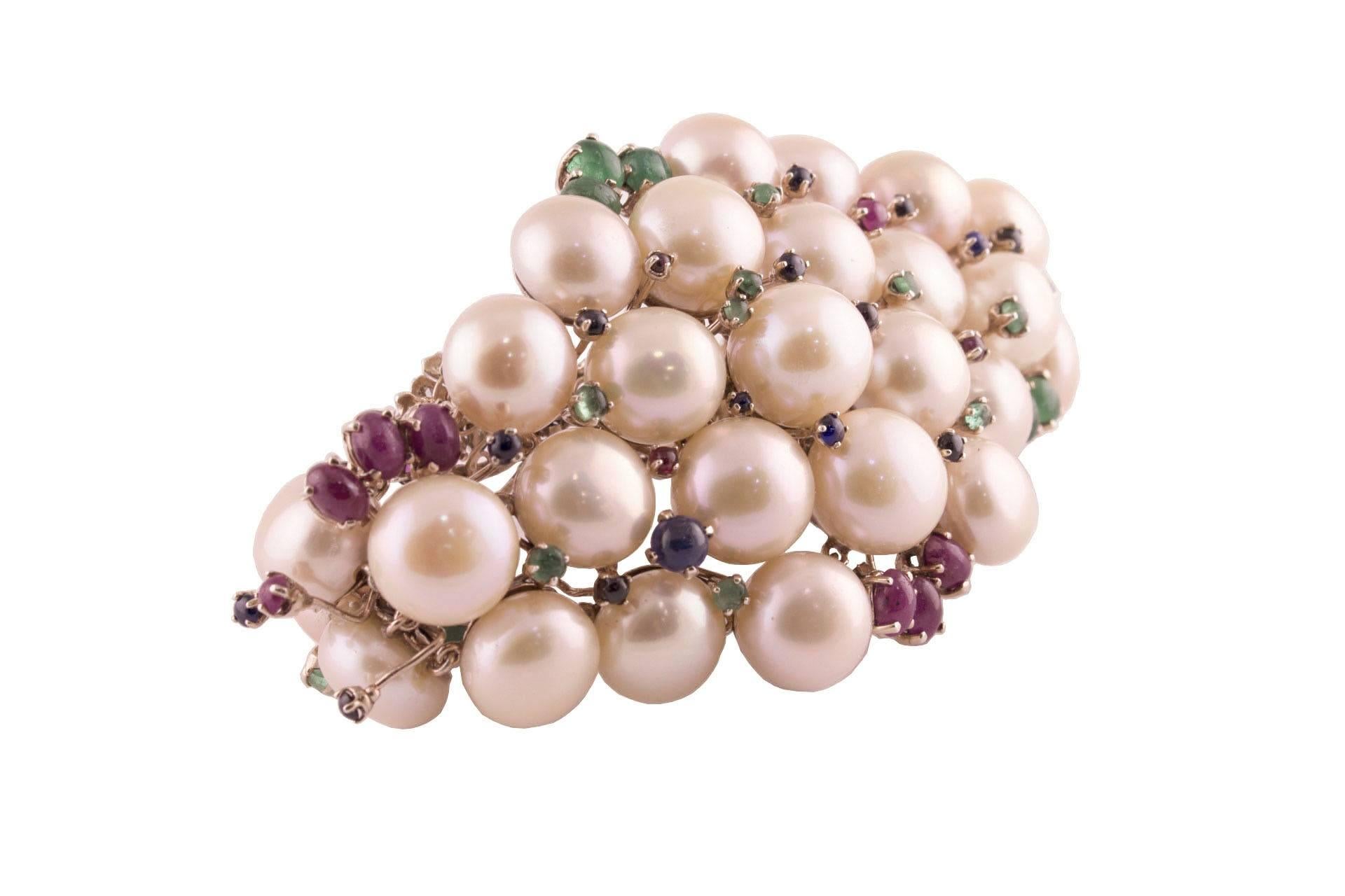 Retro Pearl Ruby Emerald Sapphire Diamond Rose Gold and Silver Bracelet For Sale