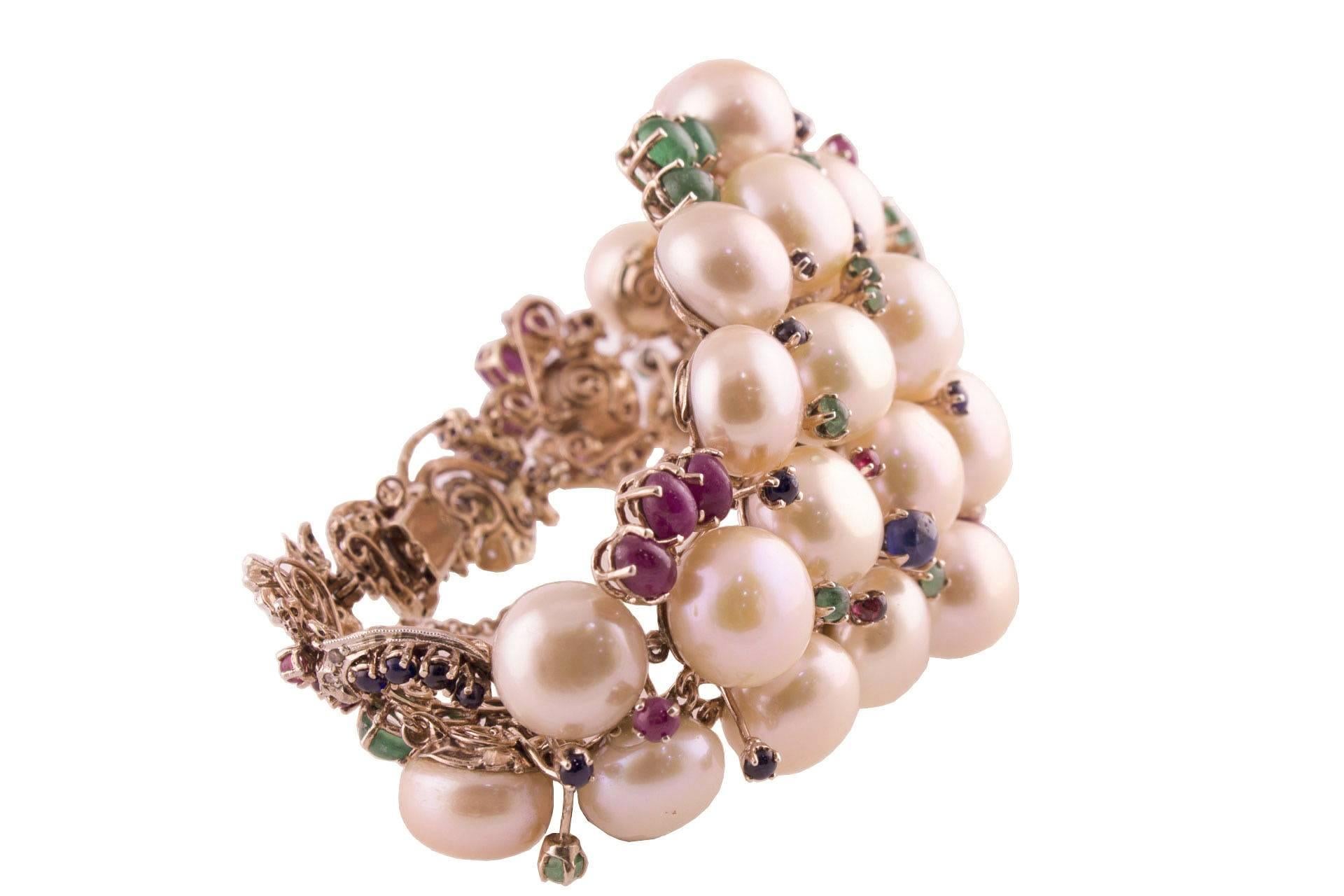 Mixed Cut Pearl Ruby Emerald Sapphire Diamond Rose Gold and Silver Bracelet For Sale