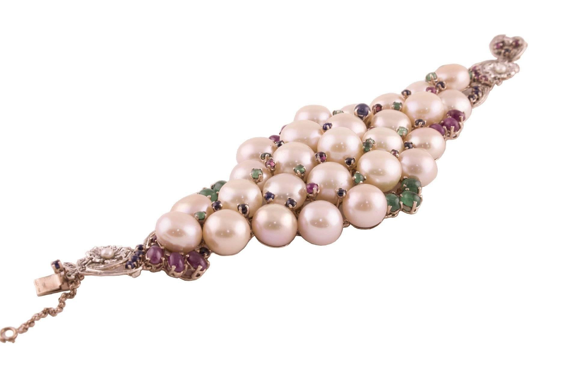 Pearl Ruby Emerald Sapphire Diamond Rose Gold and Silver Bracelet In Good Condition For Sale In Marcianise, Marcianise (CE)