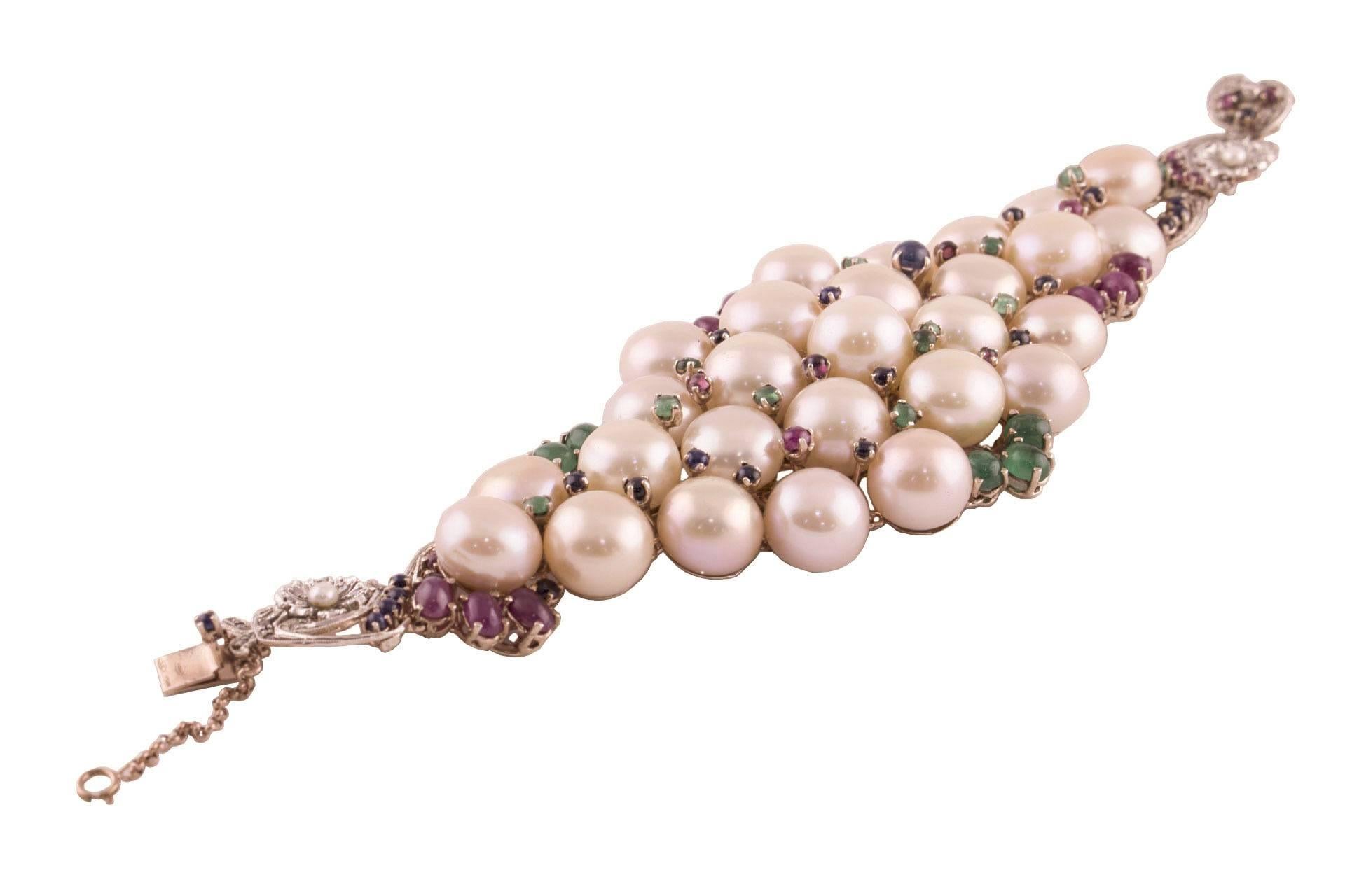 Women's Pearl Ruby Emerald Sapphire Diamond Rose Gold and Silver Bracelet For Sale