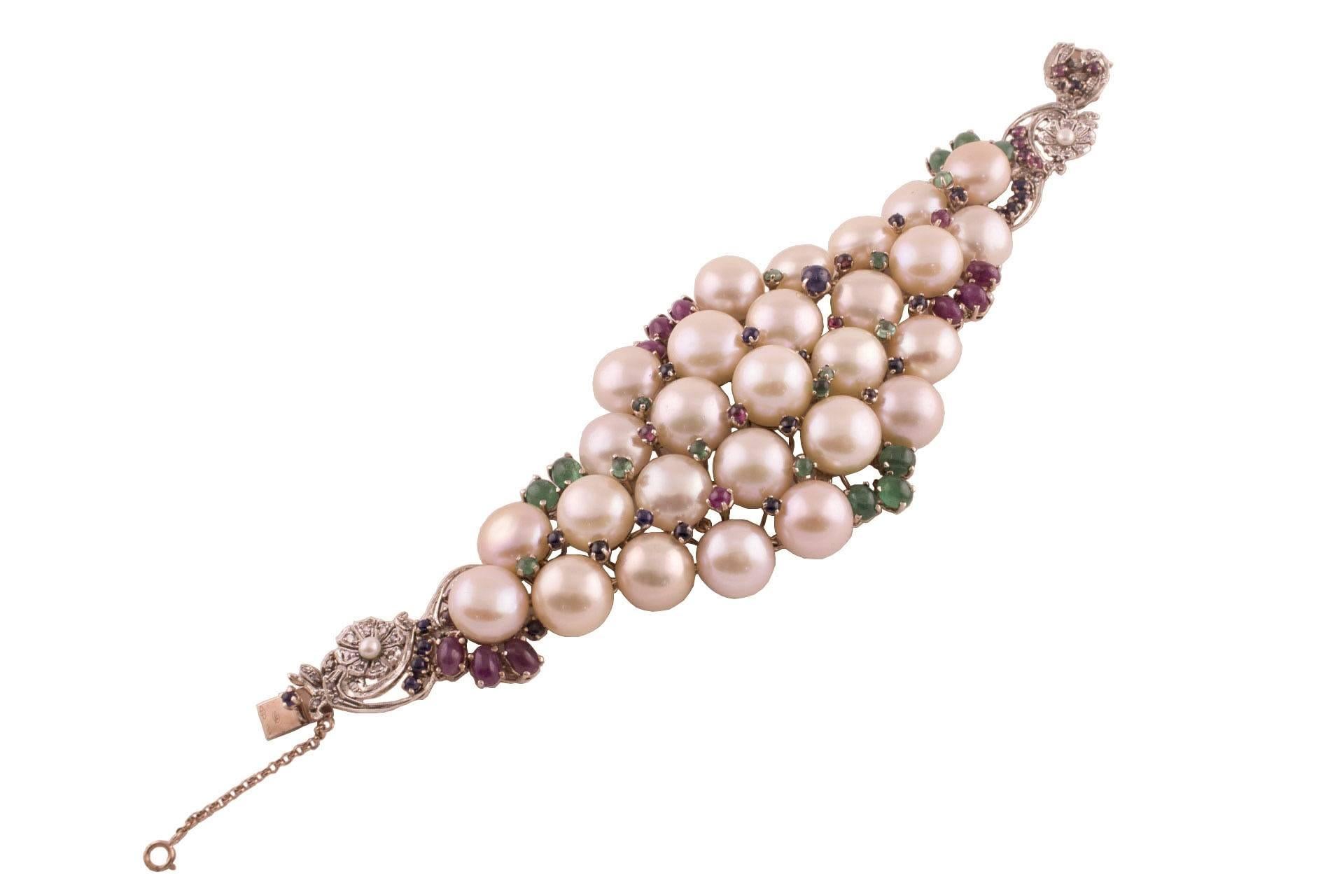 Pearl Ruby Emerald Sapphire Diamond Rose Gold and Silver Bracelet For Sale 1