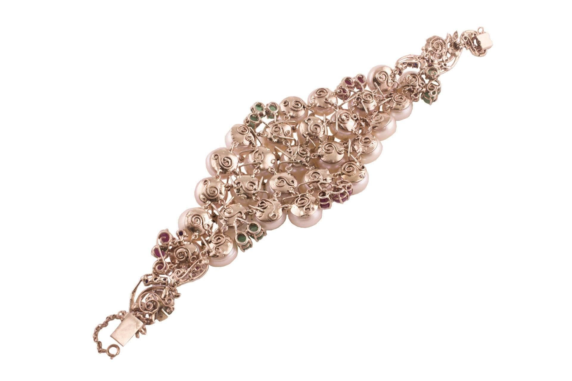 Pearl Ruby Emerald Sapphire Diamond Rose Gold and Silver Bracelet For Sale 2
