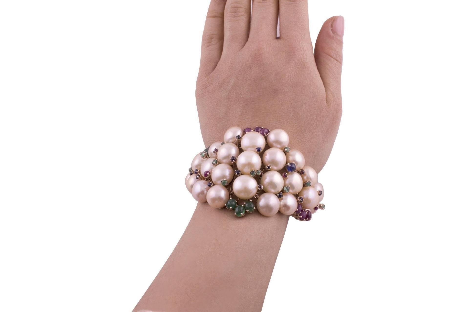 Pearl Ruby Emerald Sapphire Diamond Rose Gold and Silver Bracelet For Sale 3