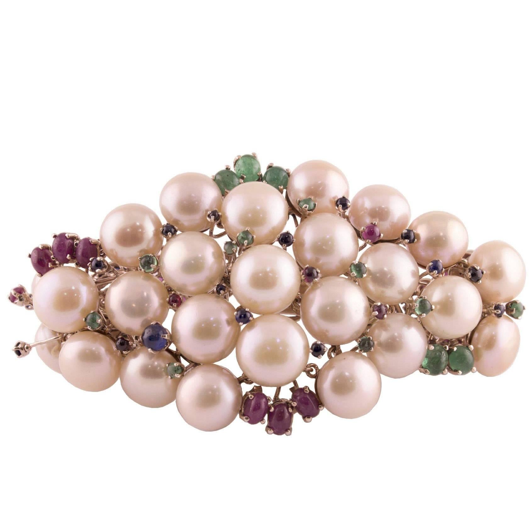 Pearl Ruby Emerald Sapphire Diamond Rose Gold and Silver Bracelet