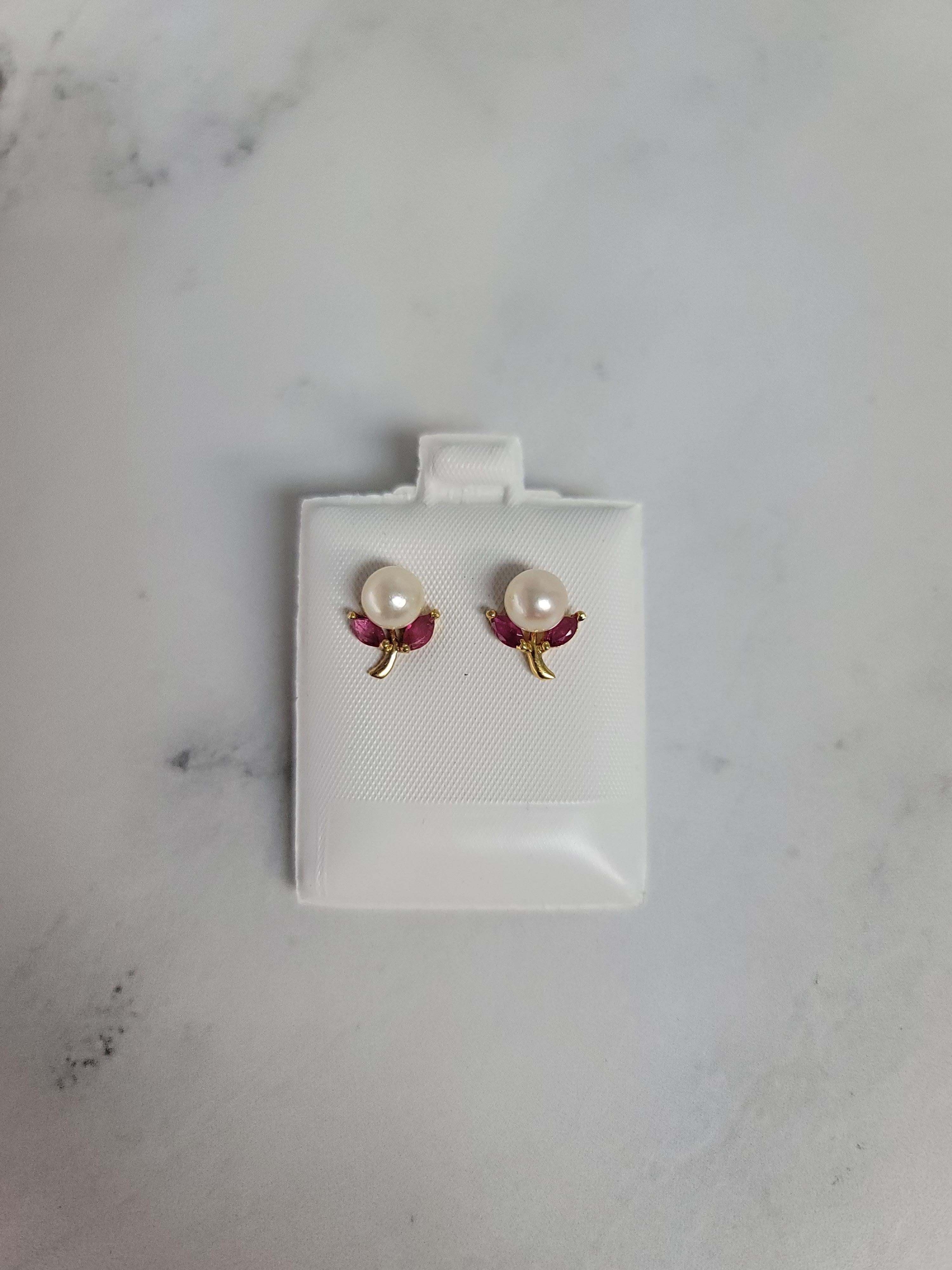 Marquise Cut Pearl & Ruby Floral Shaped Studs 14k Yellow Gold For Sale