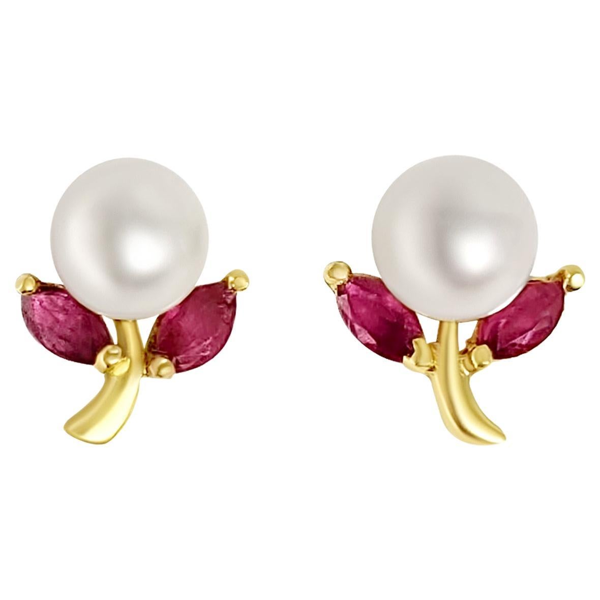 Pearl & Ruby Floral Shaped Studs 14k Yellow Gold For Sale