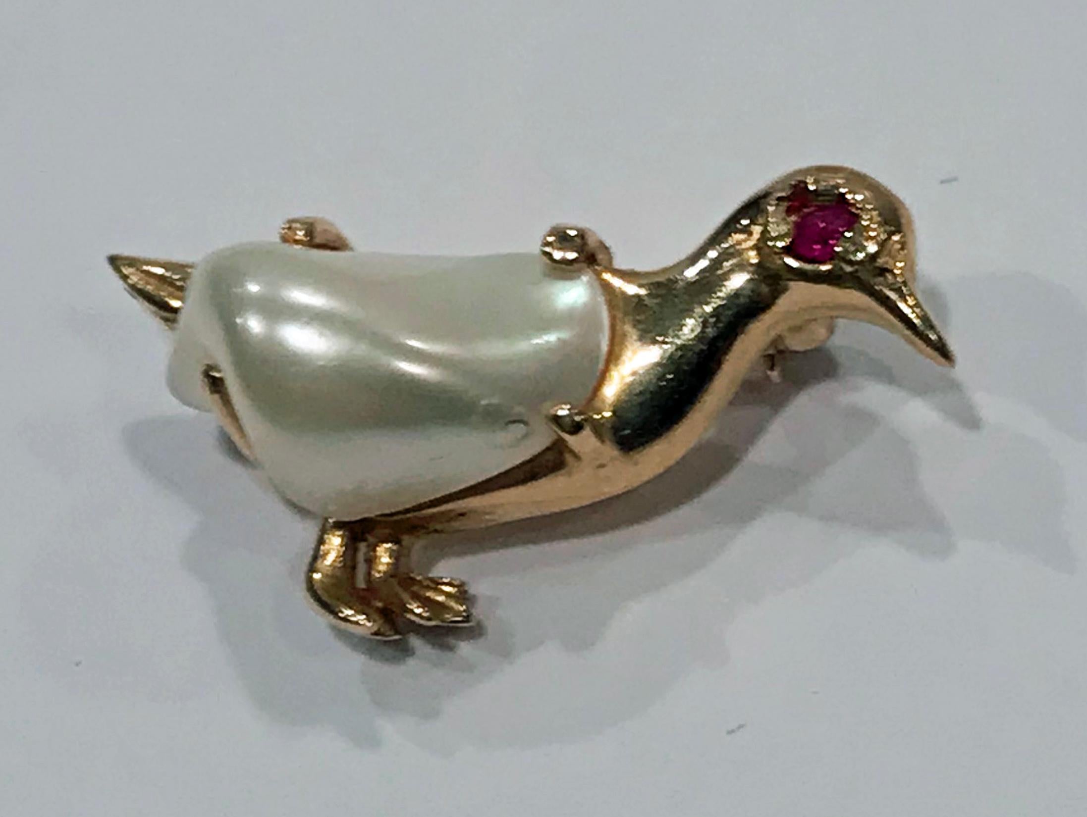 Pearl Ruby Gold Duck Brooch 1