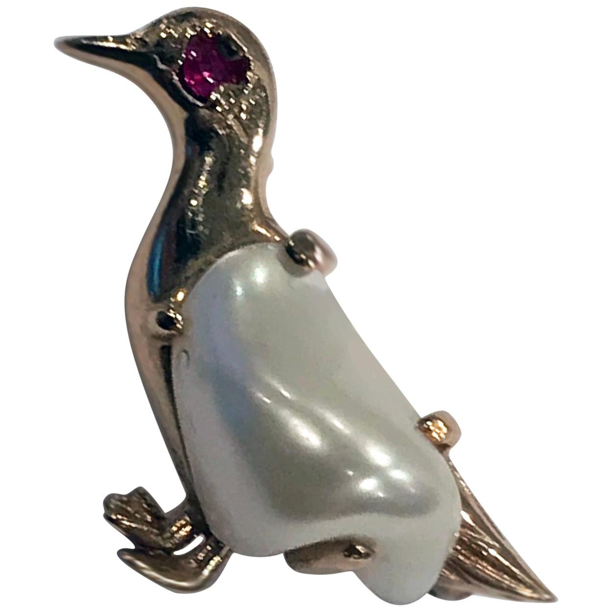 Pearl Ruby Gold Duck Brooch