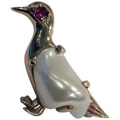 Vintage Pearl Ruby Gold Duck Brooch