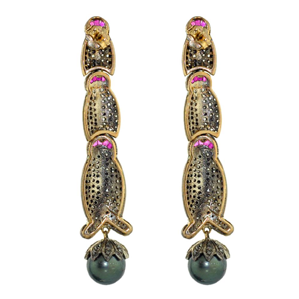 Contemporary Pearl & Ruby Long Earring with Pave Diamonds Made in 14k Yellow Gold For Sale