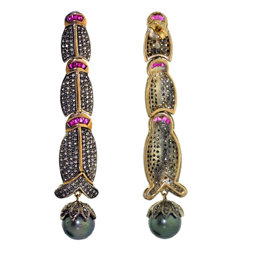 Contemporary Pearl & Ruby Long Earring with Pave Diamonds Made in 14k Yellow Gold For Sale