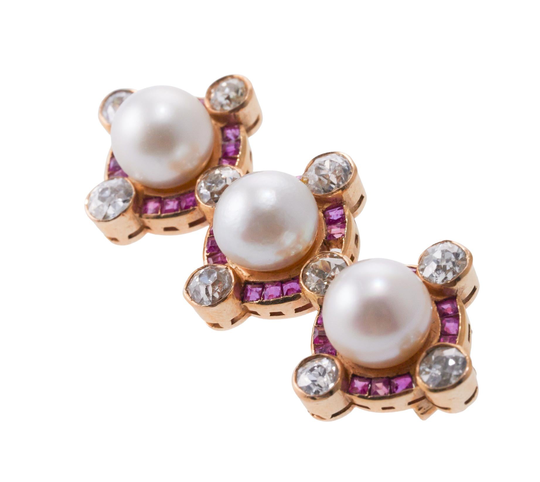 Pearl Ruby Old Mine Cut Diamond Gold Brooch  For Sale 1