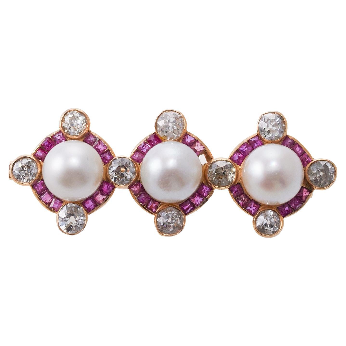 Pearl Ruby Old Mine Cut Diamond Gold Brooch  For Sale