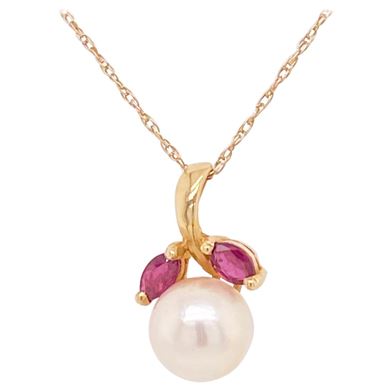 Pearl Ruby Pendant, 14 Karat Yellow Gold, Pearl Necklace, Leaf, Nature Inspired