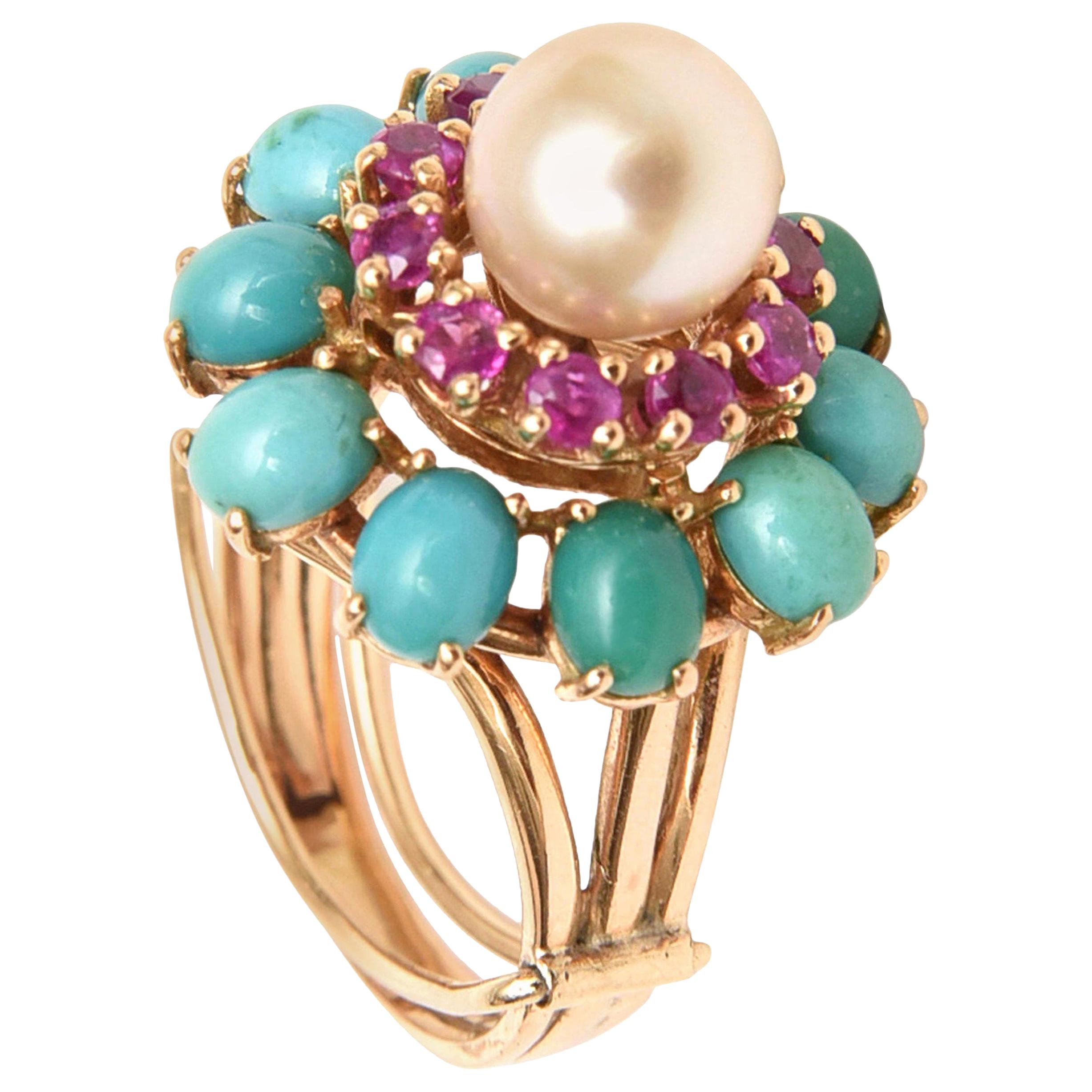  Pearl, Ruby, Turquoise and 14K Dome Cocktail Dome Ring Vintage