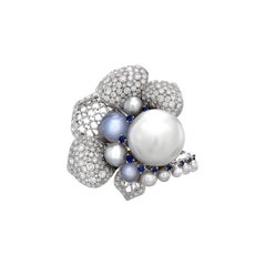 Pearl, Sapphire and Chalcedony Flower Ring