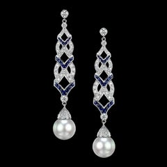 Pearl Sapphire and Diamond Art Deco Style Drop Earrings in 18K White Gold