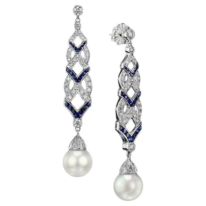 Pearl Sapphire and Diamond Art Deco Style Drop Earrings in 18K White Gold