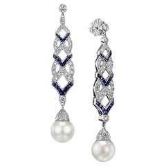 Pearl Sapphire and Diamond Art Deco Style Drop Earrings in 18K White Gold
