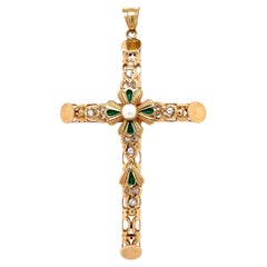  Pearl Sapphire and Enamel Gold Crucifix Cross Gold Pendant Necklace
